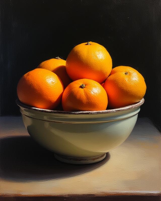 Realistic fruit bowl painting highlighting light and shadow