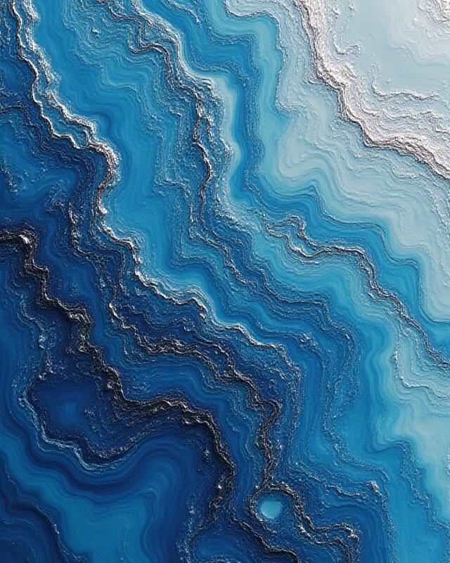 Fluid acrylic pour painting in blue and silver