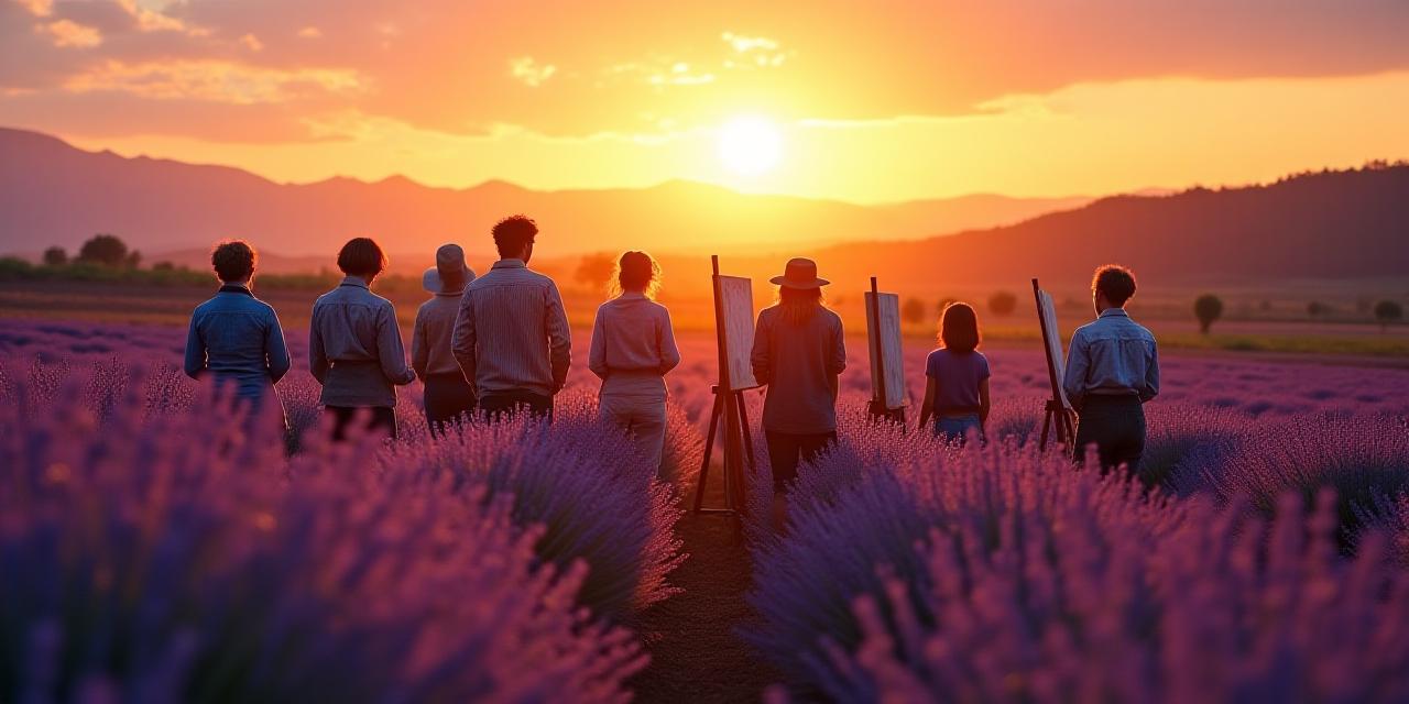 Artists painting plein air in a lavender field at sunset