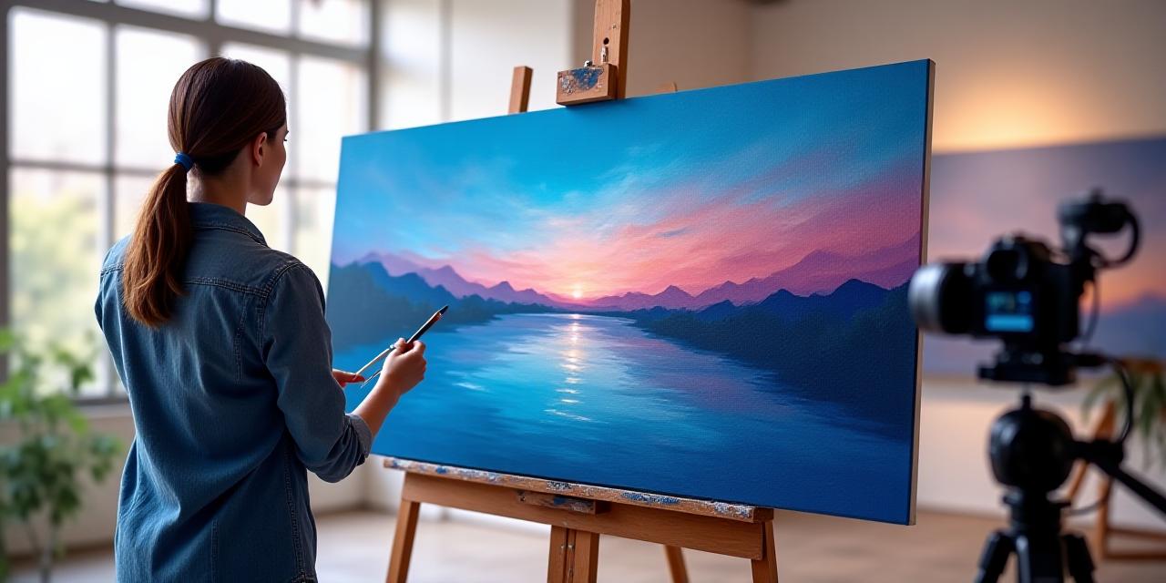 Artist working on a large acrylic landscape with digital recording equipment
